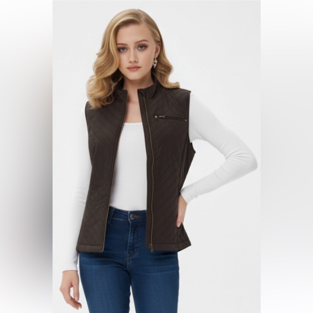 CHICO’S Zenergy Vest Quilted Brown Golf Full Zipper